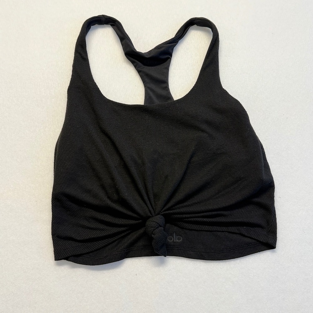Alo Yoga Knot Tank Top Womens Large Black Ribbed Racerback Front Tie Crop Top